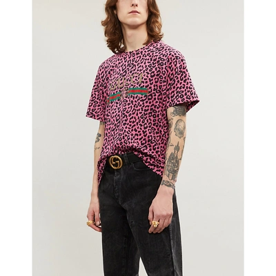 Shop Gucci Leopard-print Cotton-jersey T-shirt In Pink