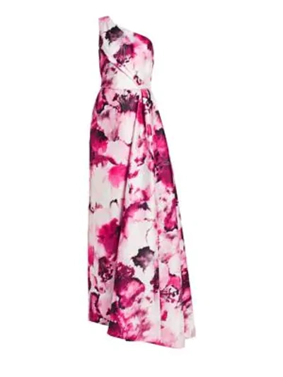 Shop Theia One-shoulder Floral Printed Gown In Cerise