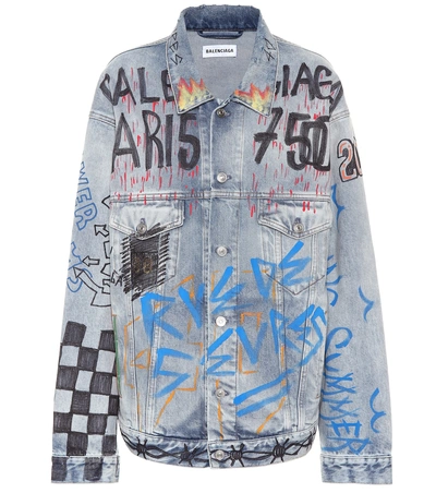 Shop Balenciaga Oversized Graffiti Denim Jacket In Multicoloured