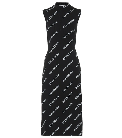 Shop Balenciaga Allover Logo Ribbed-knit Wrap Dress In Black