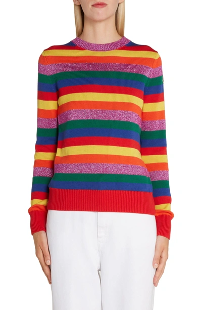 Shop Moncler Metallic Stripe Sweater In 490 Red Multi