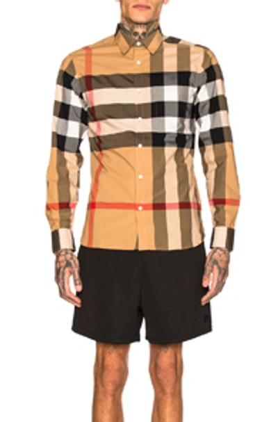 Shop Burberry Giant Exploded Stretch Shirt In Camel Check