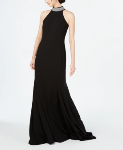 Shop Calvin Klein Embellished Halter-neck Gown In Black