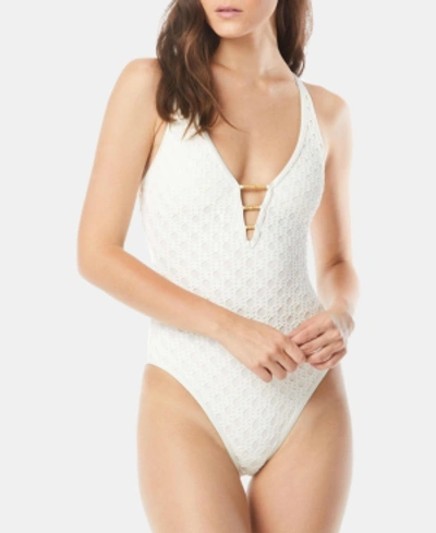 Shop Carmen Marc Valvo Crochet Plunge One-piece Swimsuit Women's Swimsuit In Ivory