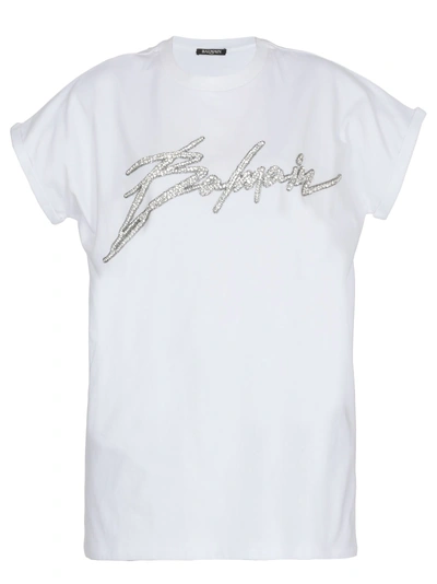 Shop Balmain Cotton T-shirt In Blanc/argent