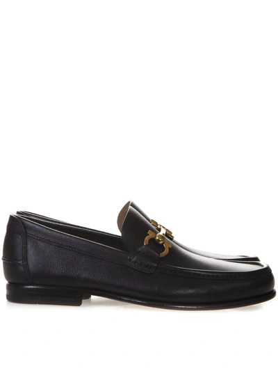 Shop Ferragamo Black Gancio Loafers In Leather