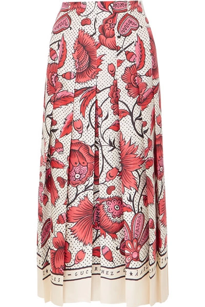Shop Gucci Pleated Floral-print Silk-twill Skirt In Red