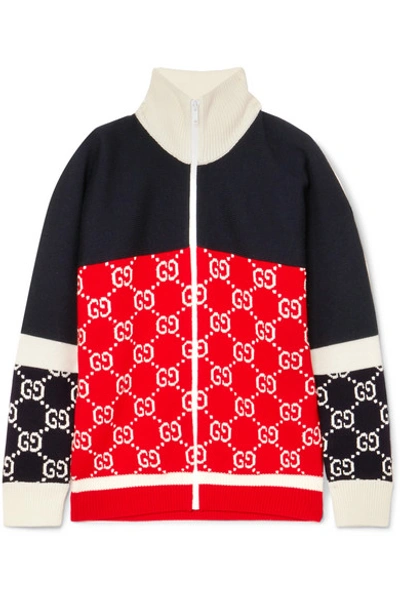 Shop Gucci Color-block Intarsia Wool Cardigan In Navy