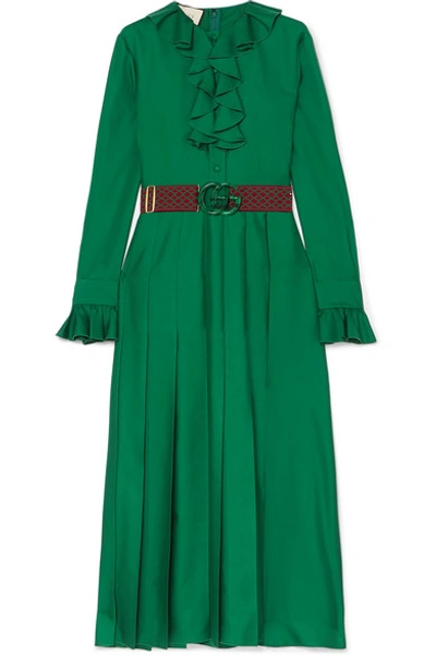 Shop Gucci Belted Ruffle-trimmed Pleated Silk-twill Dress In Green