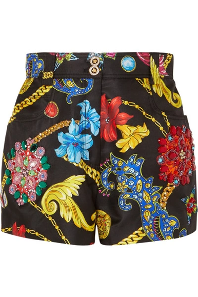 Shop Versace Embellished Printed Silk-twill Shorts In Black