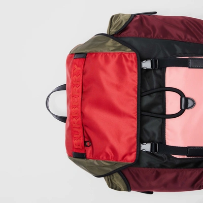 Shop Burberry Medium Leather Trim Colour Block Nylon Backpack In Multicolour