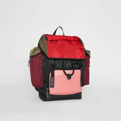 Shop Burberry Medium Leather Trim Colour Block Nylon Backpack In Multicolour