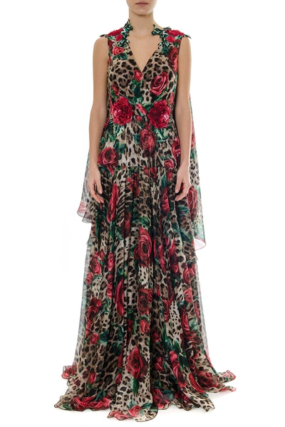 Shop Dolce & Gabbana Embellished Leopard Print Chiffon Long Dress In Basic