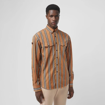 Shop Burberry Icon Stripe Cotton Shirt In Antique Yellow