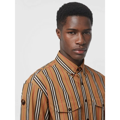 Shop Burberry Icon Stripe Cotton Shirt In Antique Yellow