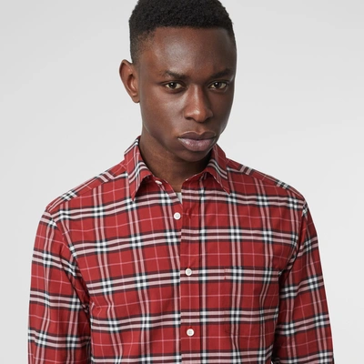 Shop Burberry Check Stretch Cotton Shirt In Bright Red