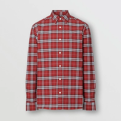Shop Burberry Check Stretch Cotton Shirt In Bright Red
