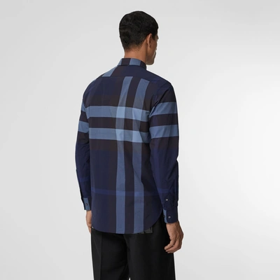 Shop Burberry Check Stretch Cotton Shirt In Bright Navy