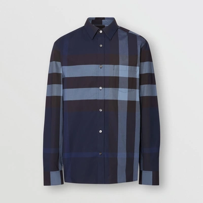 Shop Burberry Check Stretch Cotton Shirt In Bright Navy