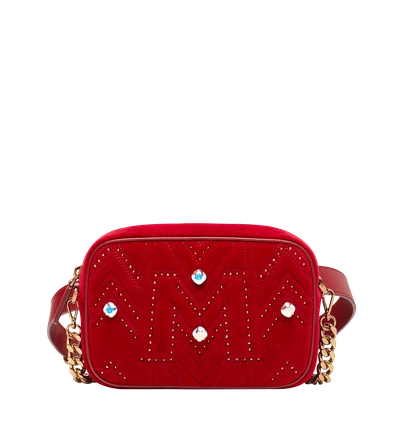 Shop Mcm Camera Bag In Velvet Crystal Studs In Viva Red