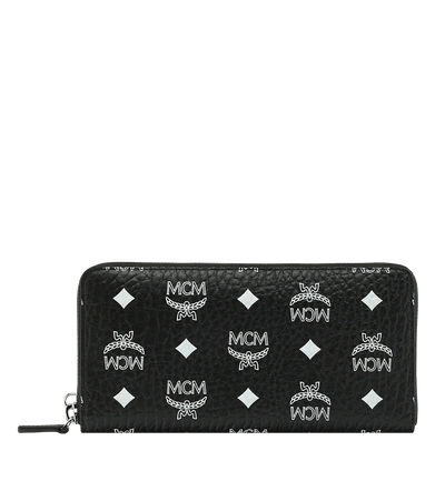 Shop Mcm Reissverschlussbrieftasche Mit Handgelenksband Und Visetos-logo In Weiss In White Logo Black