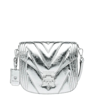 Shop Mcm Patricia Shoulder Bag In Quilted Metallic Leather In Light Silver