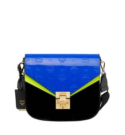 Shop Mcm Patricia Shoulder Bag In Monogram Patent Leather In Neon Cobalt