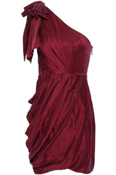 Shop Zimmermann Woman Ruched One-shoulder Washed-silk Mini Dress Burgundy