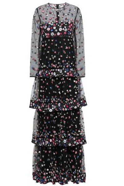 Shop Valentino Tiered Embroidered Tulle And Floral-print Crepe De Chine Gown In Black