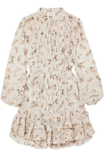 Shop Zimmermann Woman Lace-trimmed Ruffled Printed Crepe De Chine Mini Dress Ivory