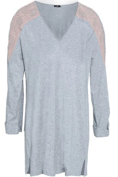 Shop Cosabella Woman Lace-trimmed Mélange Cotton-blend Jersey Pajama Top Light Gray In Stone