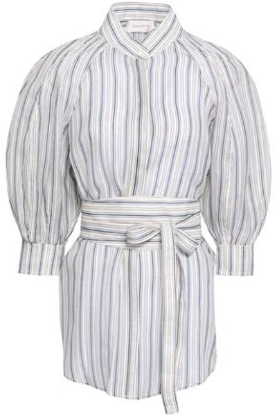 Shop Zimmermann Belted Striped Linen And Silk-blend Blouse In Light Blue