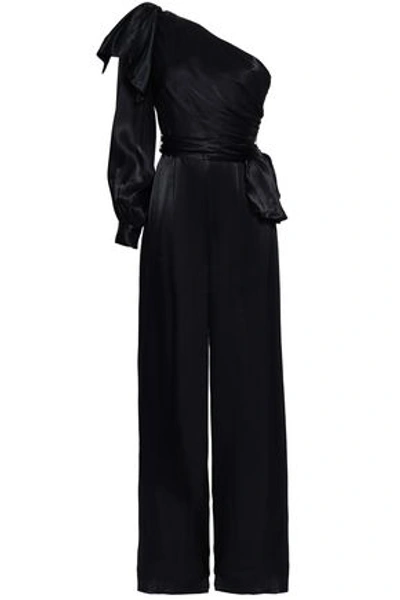 Shop Zimmermann Bow-detailed One-shoulder Satin Jumpsuit In Black