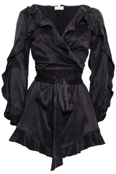 Shop Zimmermann Wrap-effect Ruffled Cutout Silk-satin Playsuit In Dark Purple