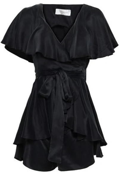 Shop Zimmermann Wrap-effect Ruffled Washed-silk Playsuit In Black