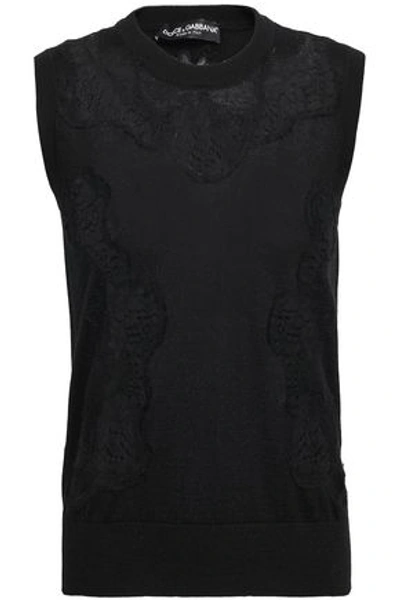 Shop Dolce & Gabbana Lace-trimmed Cashmere-blend Vest In Black