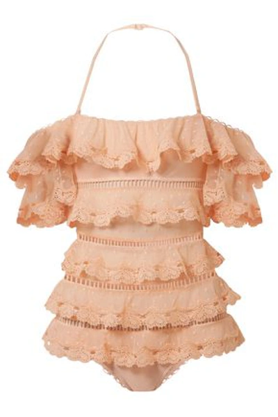 Shop Zimmermann Woman Painted Heart Love Tiered Lattice-trimmed Lace Bandeau Swimsuit Peach