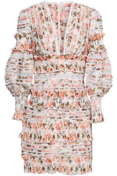 Shop Zimmermann Lace-trimmed Floral-print Linen And Silk-blend Gauze Mini Dress In Off-white