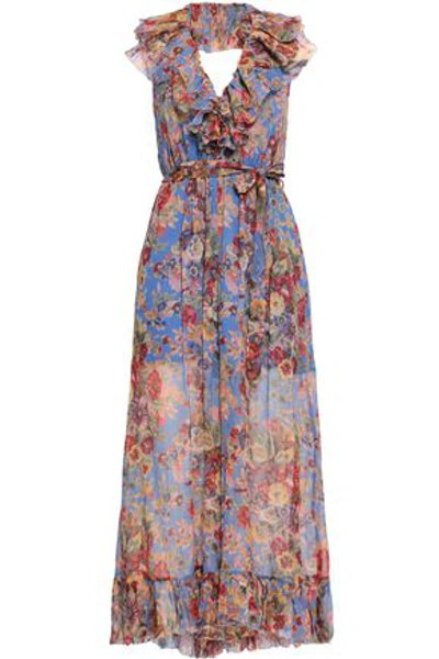 Shop Zimmermann Belted Ruffled Printed Silk-georgette Halterneck Jumpsuit In Blue