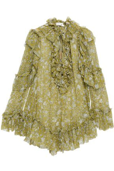 Shop Zimmermann Rife Ruffle Pussy-bow Floral-print Silk-georgette Blouse In Sage Green