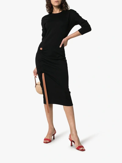 Shop Loewe Ruched Leather-insert Dress In 1100 Black