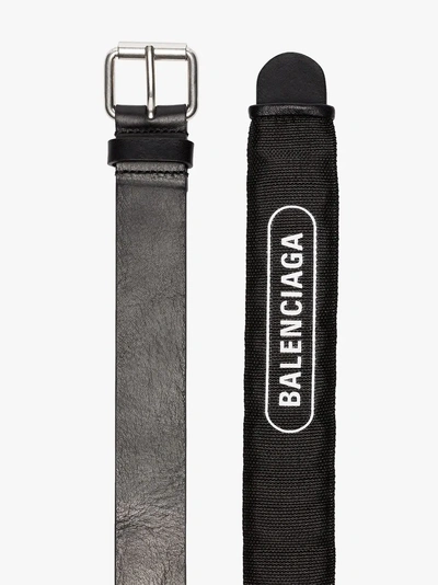 Shop Balenciaga Black And White Logo Print Leather And Cotton Belt