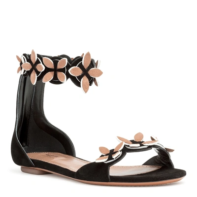 Shop Alaïa Black Suede Flower Flat Sandals