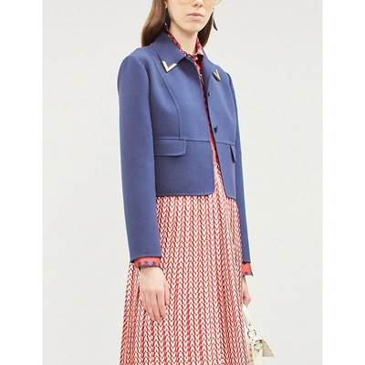 Shop Valentino Embellished Cropped Wool-crepe Jacket In Pure Blue