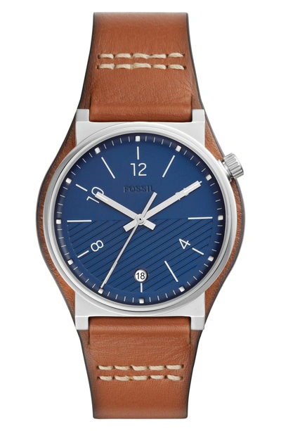Shop Fossil Barstow Leather Strap Watch, 42mm In Brown/ Blue/ Silver