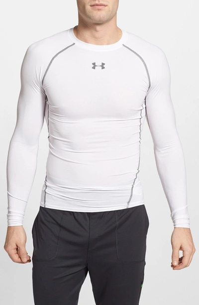 Shop Under Armour Heatgear Compression Fit Long Sleeve T-shirt In White/ Graphite