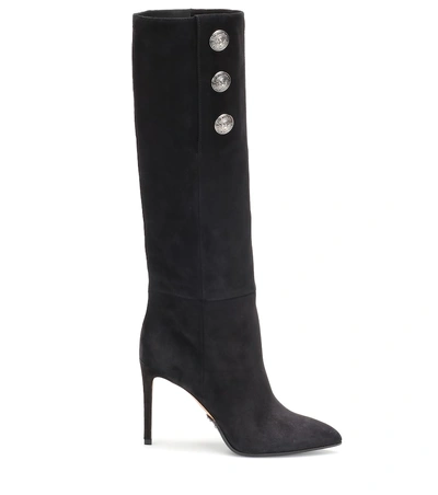 Shop Balmain Suede Knee-high Boots In Black
