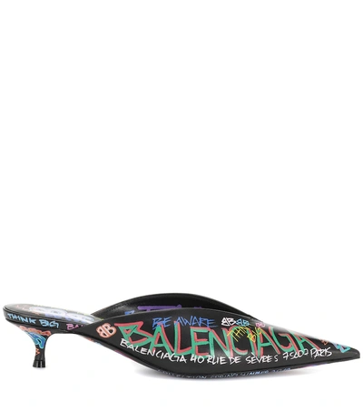 Shop Balenciaga Graffiti Knife Leather Mules In Black