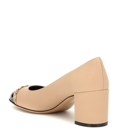 Shop Ferragamo Vara Chain Leather Pumps In Beige