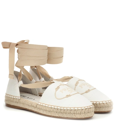 Shop Prada Embroidered Lace-up Espadrilles In White